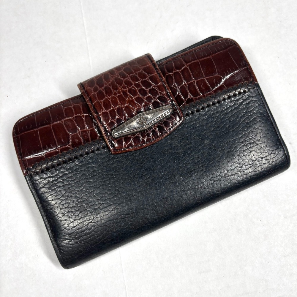 Brighton Western Leather Croc Embossed Bifold Wallet Silver Hardware Black‎ GUC